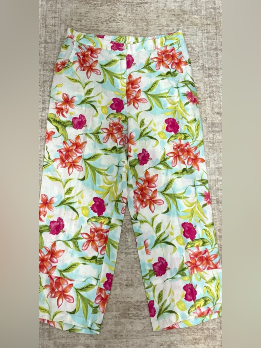 Floral Linen-Blend Wide Leg Pants - White with Pink & Orange Flowers